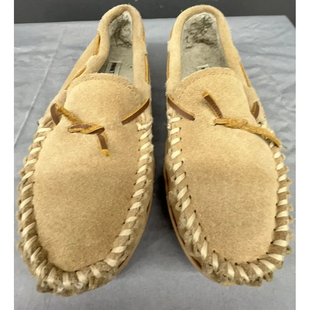 Minnetonka Moccasins Kids 3‎ Brown Tan Leather Sherpa Lined Slippers Shoes